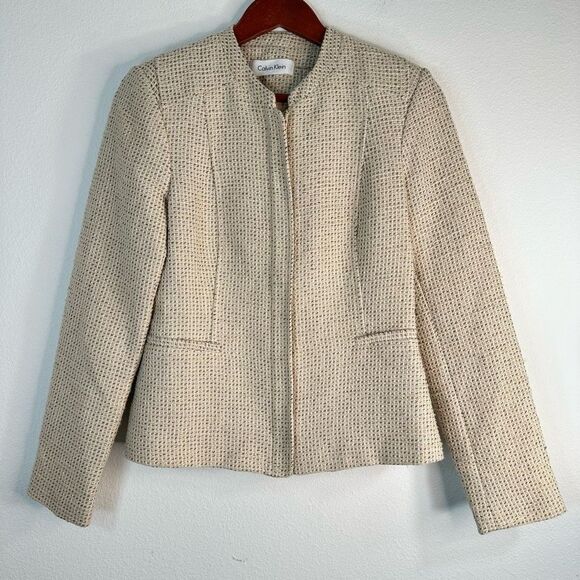 Calvin Klein Marled Tweed Full Zip Blazer Jacket Womens 4 Preppy Modern Career - Picture 1 of 10